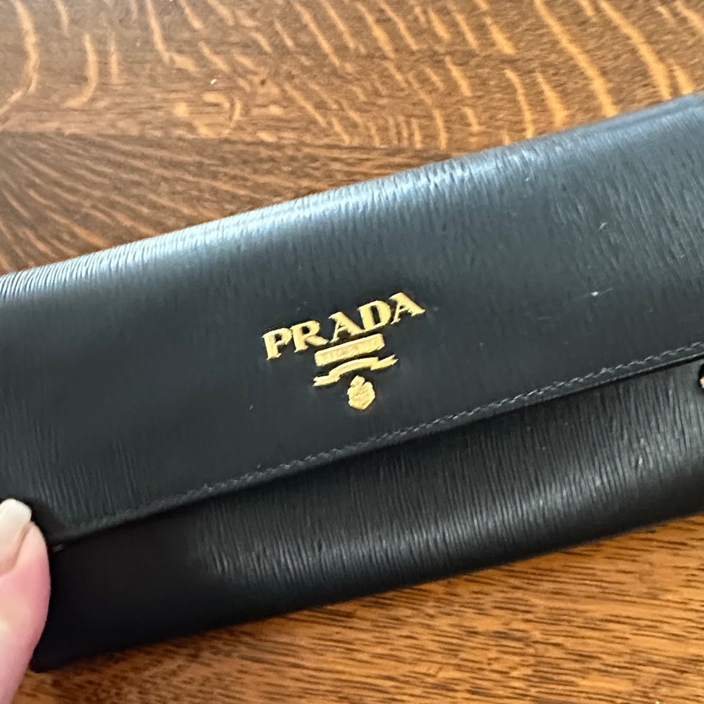 Prada Black Leather Clutch with Gold Logo